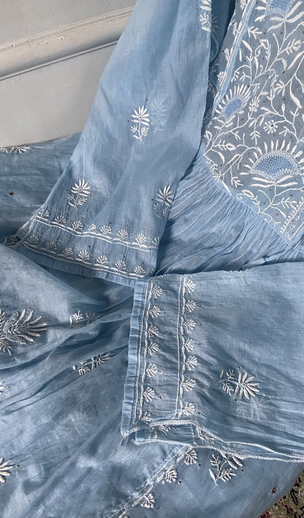 do taar and teen taar chikankari with haath ki jaali on light blue pure mul chanderi
