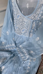Load image into Gallery viewer, close view of the hand embroidery, light blue pure mul chanderi