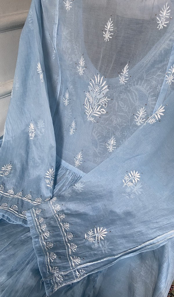dupatta chikankari detail, light blue pure mul chanderi