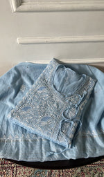 Load image into Gallery viewer, light blue pure mul chanderi chikankari 3 pc semi-stitched angarkha suit set, folded