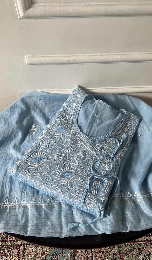 light blue pure mul chanderi chikankari 3 pc semi-stitched angarkha suit set, folded