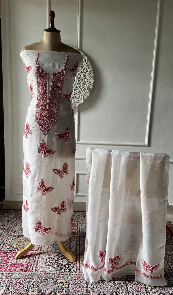 white pure organza silk chikankari 2 pc unstitched suit set on mannequin