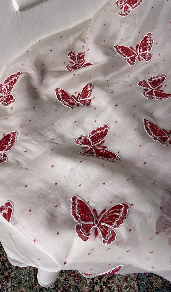 gala and front chikankari on white pure organza silk