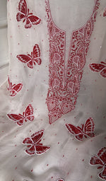 Load image into Gallery viewer, close view of the hand embroidery, white pure organza silk