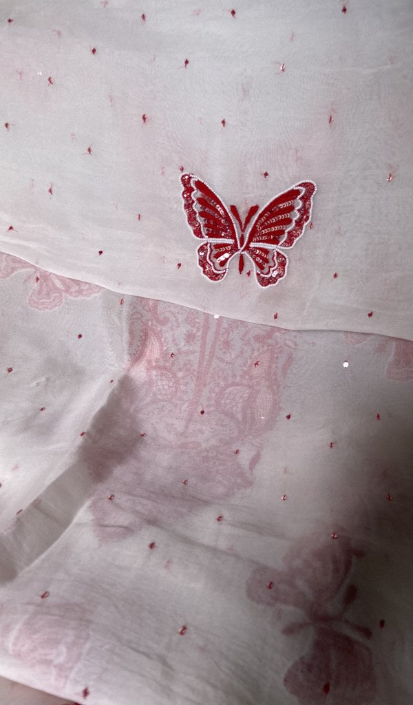 dupatta chikankari detail, white pure organza silk