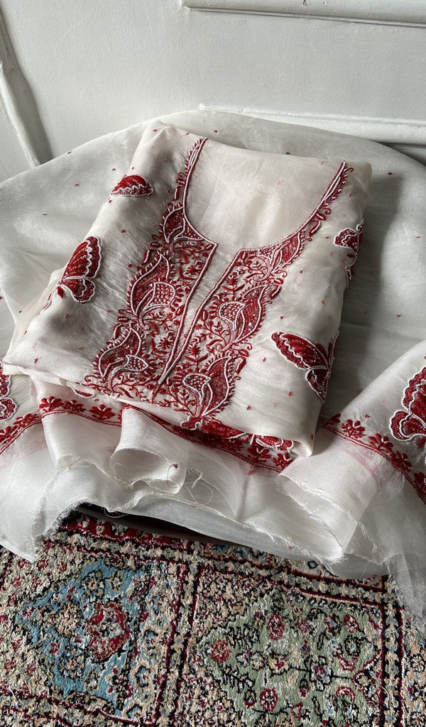white pure organza silk chikankari 2 pc unstitched suit set, folded