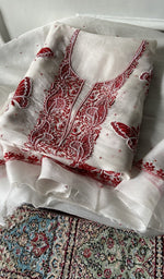 Load image into Gallery viewer, white chikankari set folded, worked panel on top