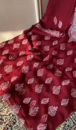 Maroon faux georgette kurta, close view of the embroidery