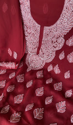 Stitch detail on the maroon faux georgette kurta