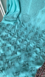 Fine chikankari on the turquoise faux georgette