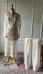 White pure organza silk chikankari suit set on the mannequin, dupatta alongside