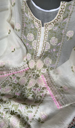 Close view of the chikankari on the white kurta