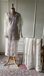 Load image into Gallery viewer, White pure organza silk chikankari suit set on the mannequin, dupatta alongside