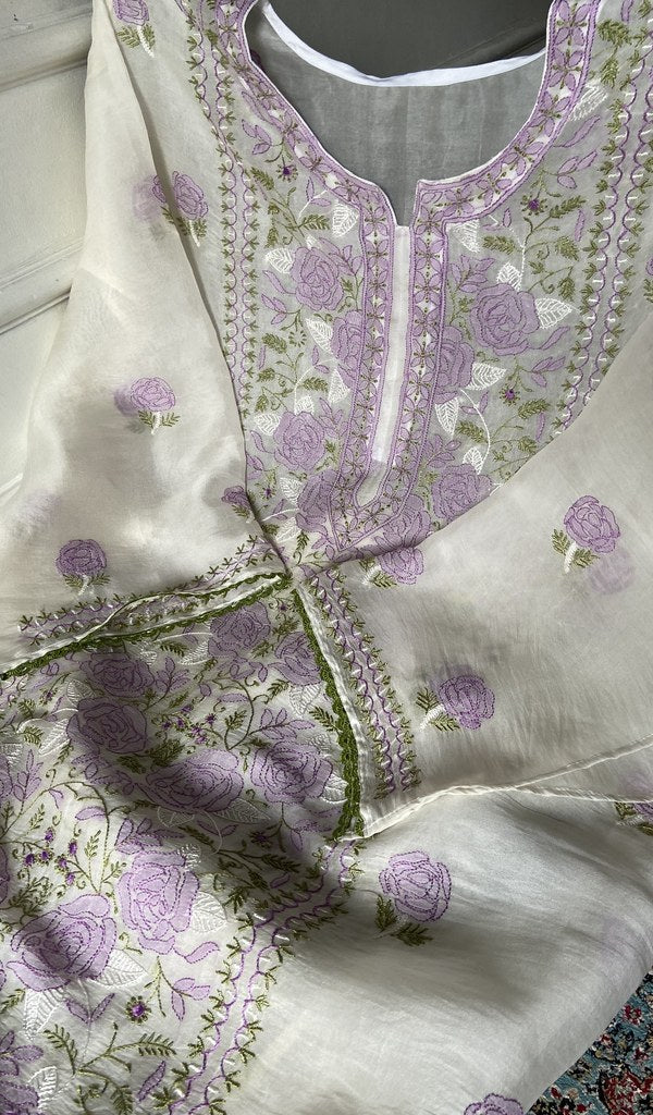 Close view of the chikankari on the white kurta
