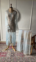 Load image into Gallery viewer, blue pure organza silk chikankari set on the mannequin, dupatta on the stand
