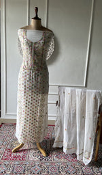 Load image into Gallery viewer, cream pure mul chanderi chikankari 2 pc unstitched suit set on mannequin