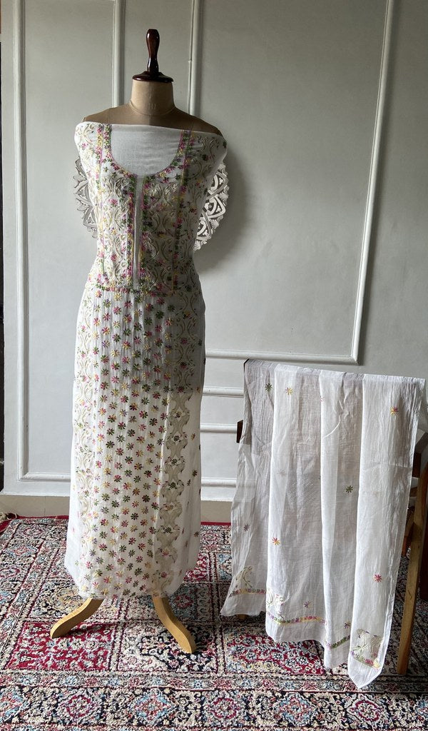 cream pure mul chanderi chikankari 2 pc unstitched suit set on mannequin