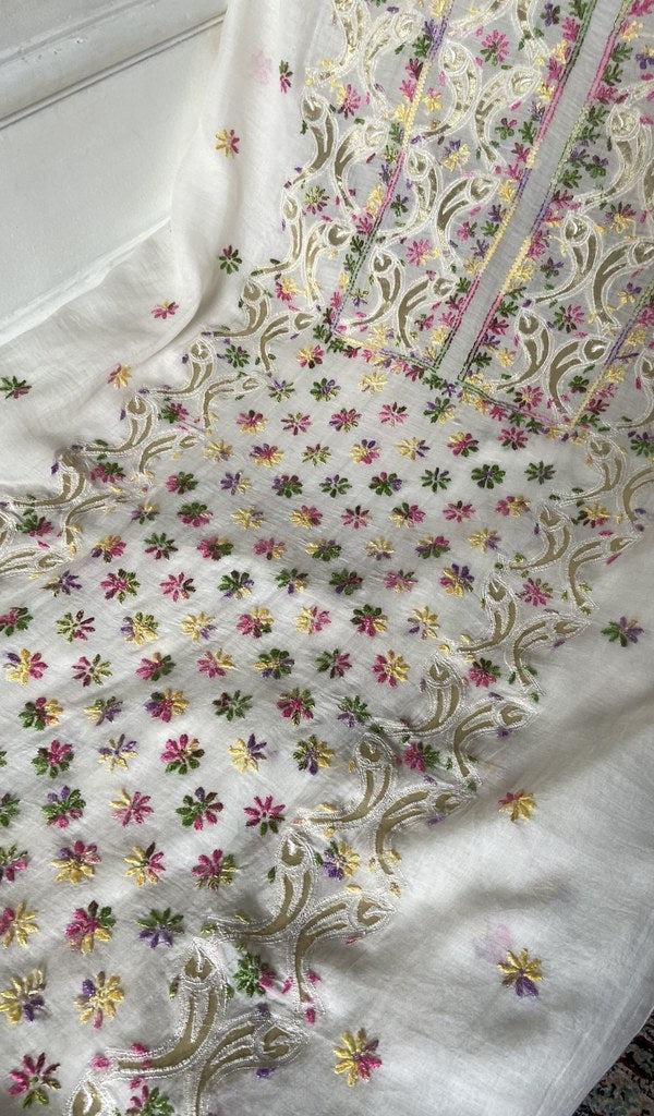 fine multicoloured chikankari with zari patchwork on cream pure mul chanderi