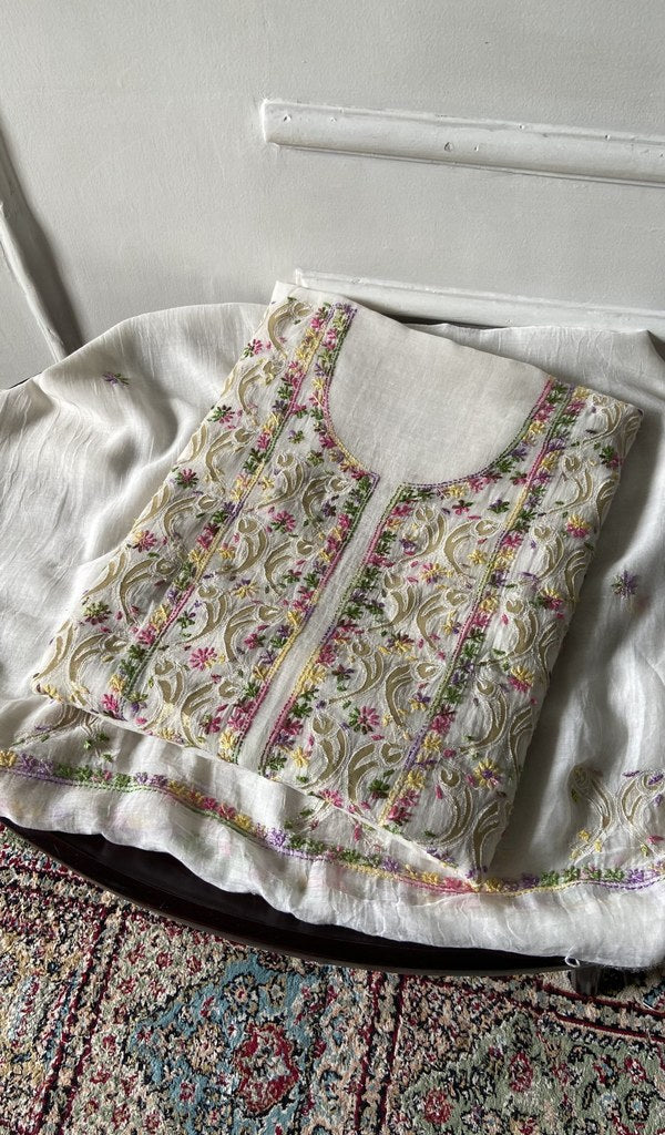 cream pure mul chanderi chikankari 2 pc unstitched suit set, folded