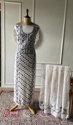 Load image into Gallery viewer, white pure mul chanderi chikankari 2 pc unstitched suit set on mannequin