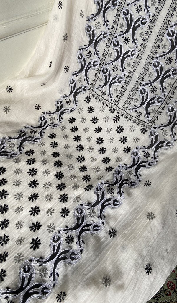 fine multicoloured chikankari with zari patchwork on white pure mul chanderi