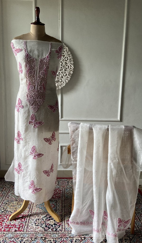 white pure organza silk chikankari 2 pc unstitched suit set on mannequin