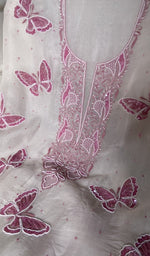 Load image into Gallery viewer, close view of the hand embroidery, white pure organza silk