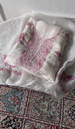 Load image into Gallery viewer, white pure organza silk chikankari 2 pc unstitched suit set, folded