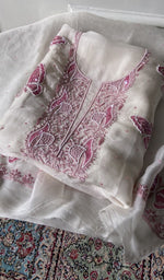Load image into Gallery viewer, white chikankari set folded, worked panel on top