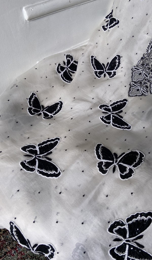gala and front chikankari on white pure organza silk