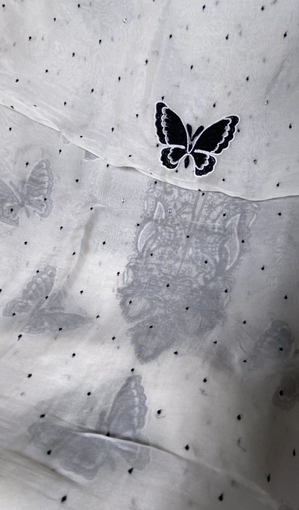 dupatta chikankari detail, white pure organza silk