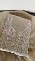 Baseema — Beige Pure Tissue Chanderi Chikankari 3 Pc Unstitched Suit Set