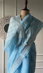 将图像加载到图库查看器中， Border detail on the powder blue cotton voile saree
