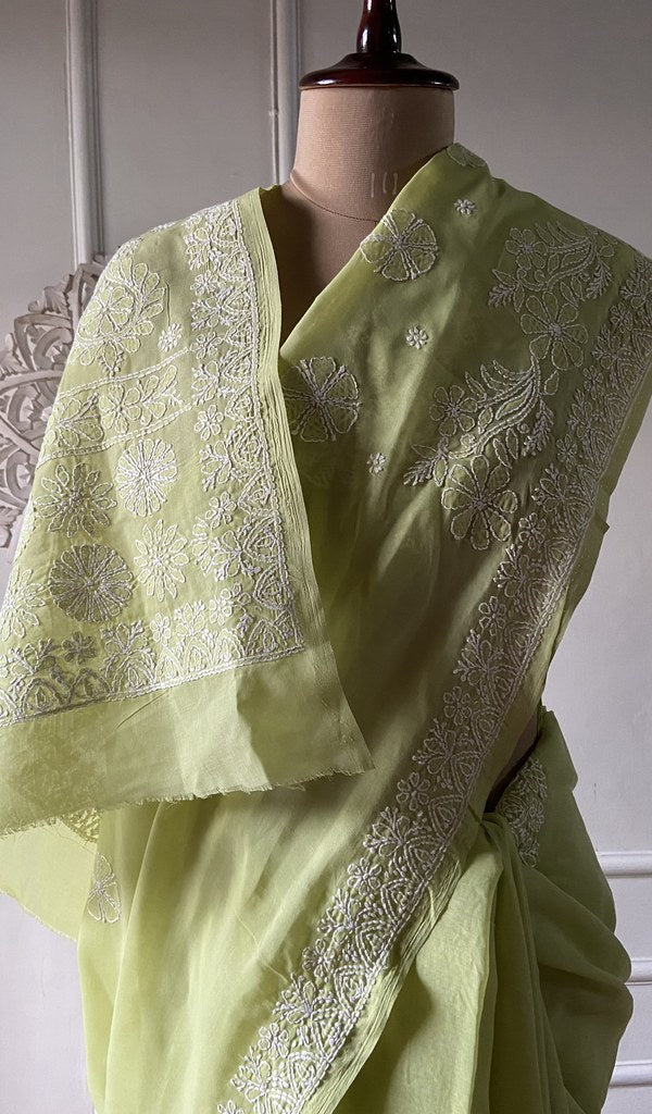 Lime green cotton voile saree, back of the drape