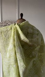 将图像加载到图库查看器中， The lime green saree seen from the side