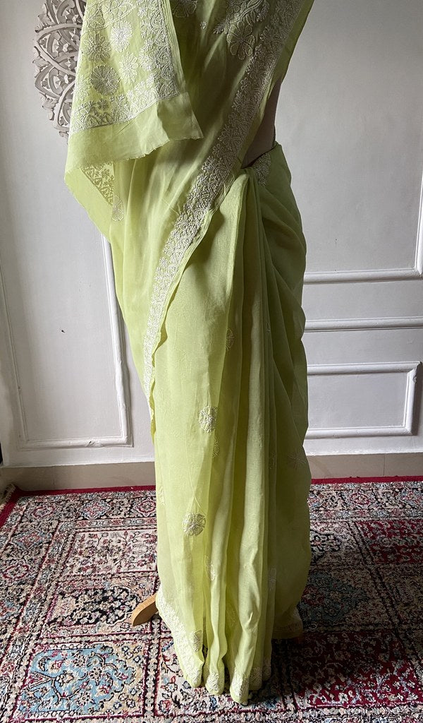 Body of the lime green saree, chikankari across the ground