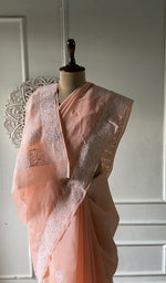 Load image into Gallery viewer, Peach cotton voile saree, full length on the mannequin