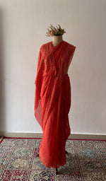 Red pure mul chanderi saree draped on the mannequin