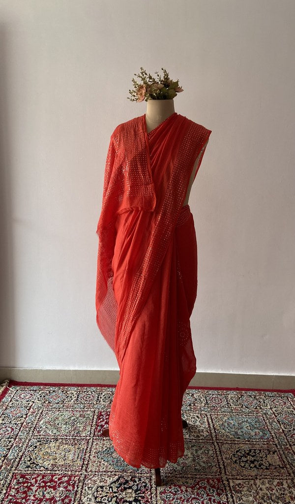 Red pure mul chanderi saree draped on the mannequin