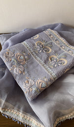 Grey pure organza silk kurta piece folded, fine ek and do taar multicolour chikankari