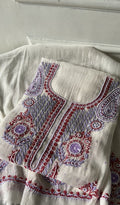 Madiha — Off White Pure Mul Chanderi Chikankari 2 Pc Unstitched Suit Set — Red And Lilac Work
