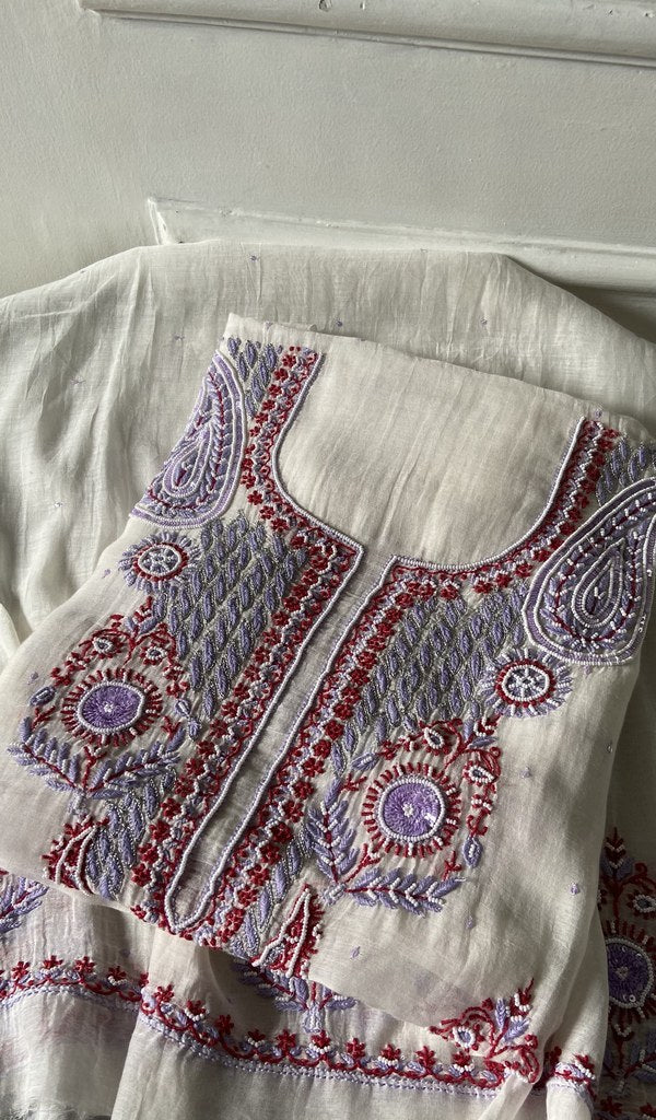 off white pure mul chanderi chikankari suit set, folded