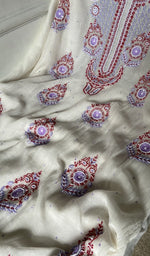close view of the fine coloured chikankari with unique motifs