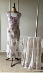 off white pure mul chanderi chikankari set on the mannequin with the dupatta