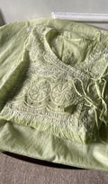 Haya — Green Pure Mul Chanderi Chikankari 3 Pc Semi-Stitched Angarkha Suit Set
