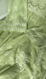 close view of the angarkha style with fine do and teen taar chikankari and mukaish work