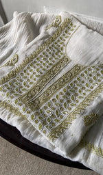 off white pure mul chanderi chikankari suit set, folded