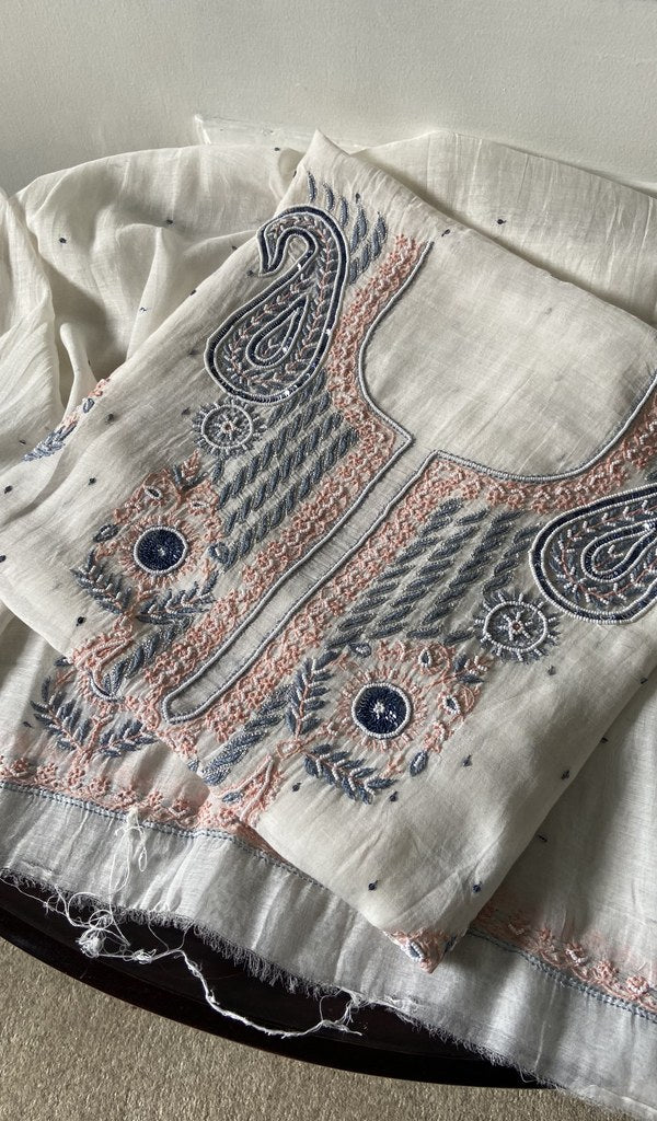 off white pure mul chanderi chikankari suit set, folded