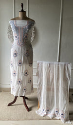 off white pure mul chanderi chikankari set on the mannequin with the dupatta