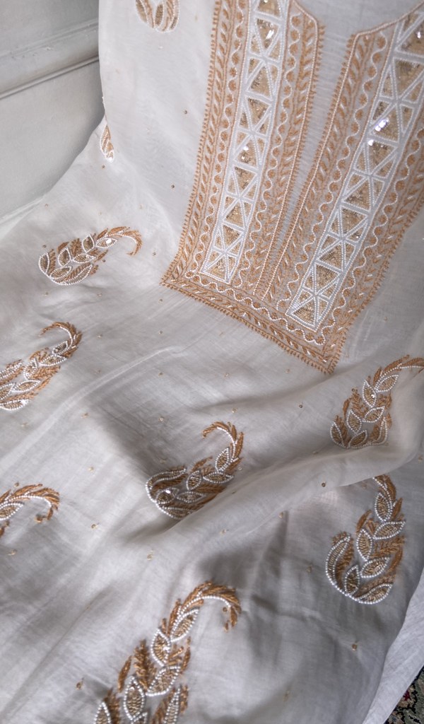 fine multicoloured chikankari on white pure mul chanderi